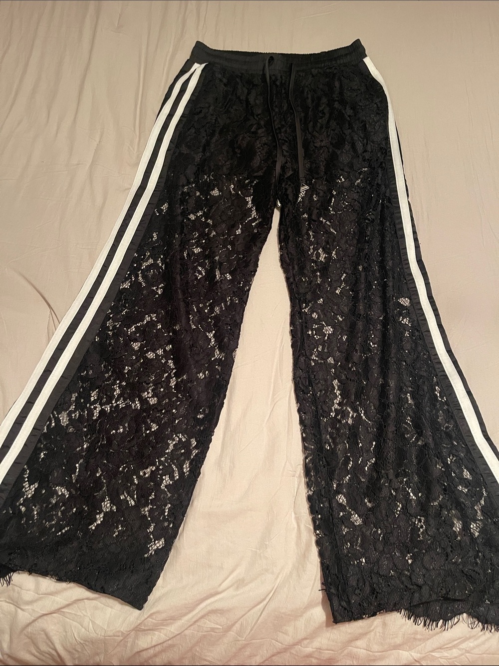 Black Lace Wide-Leg Track Pants with Side Stripes
